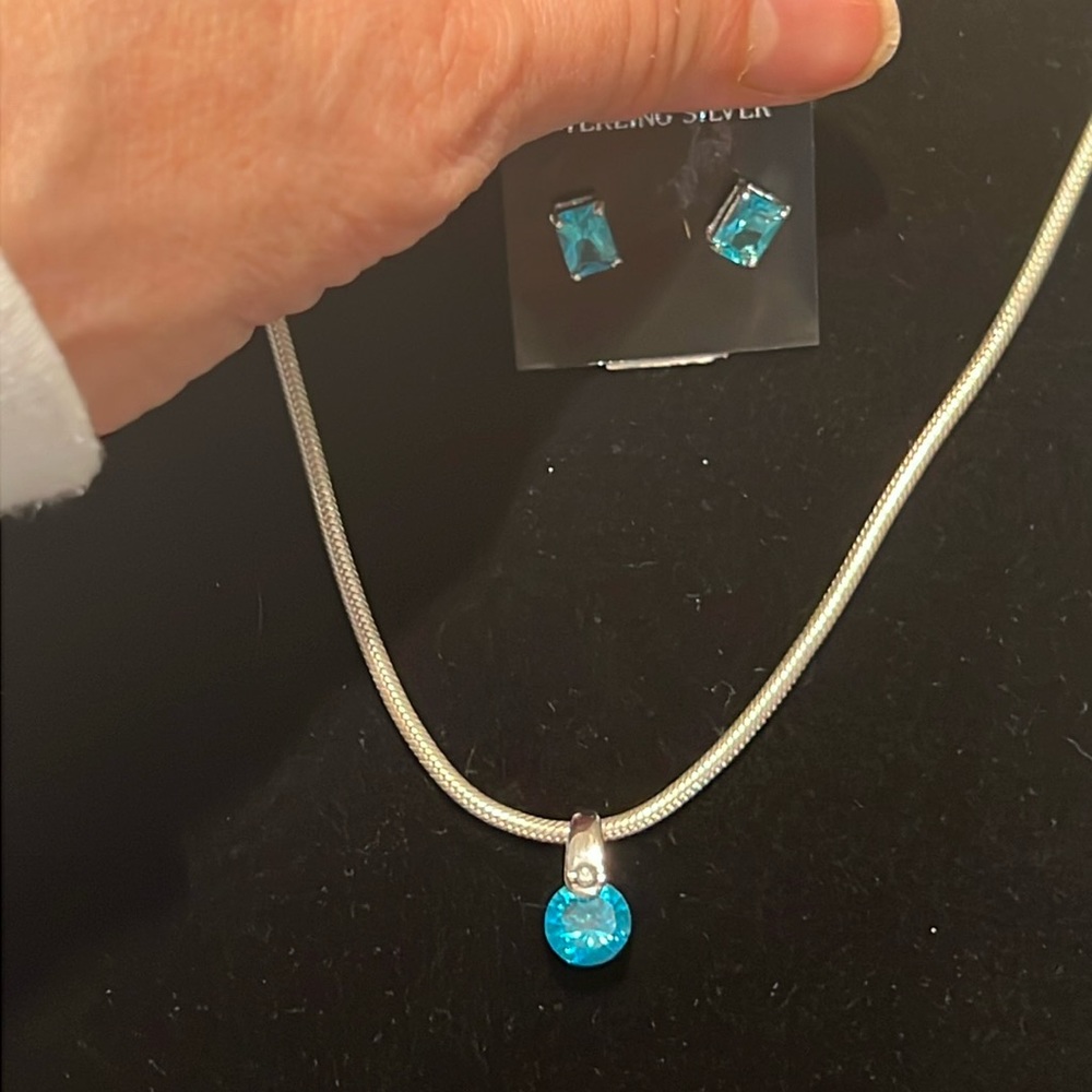 Sterling Silver , blue topaz and CZ necklace and Earring set